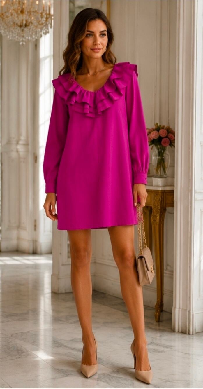 #231 MSRP $65 NWT VERO MODA CARMELLA FUCHSIA PINK FRILL DRESS ♡ SIZE XS ♡